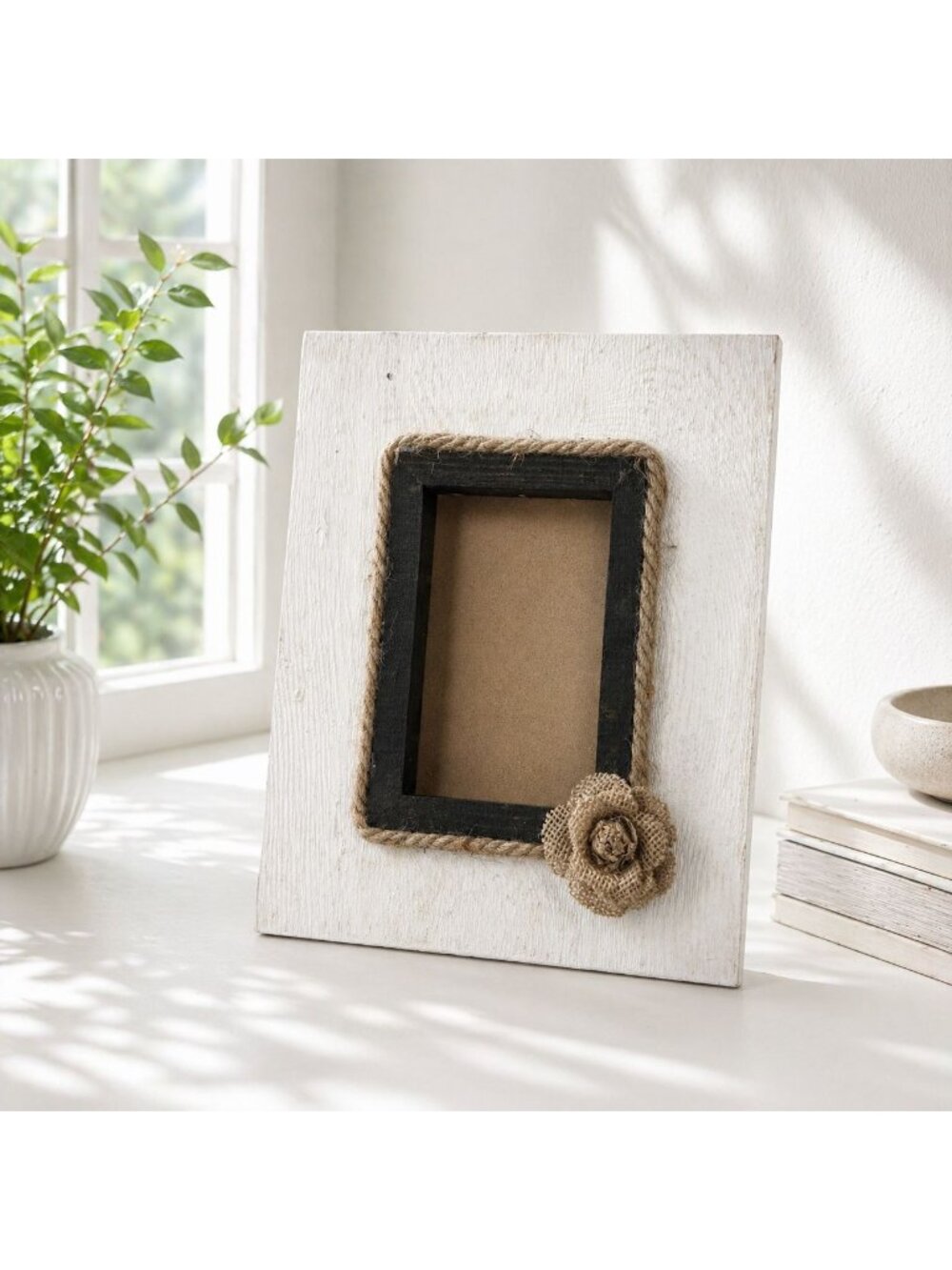 Rustic Wooden Photo Frame With Burlap Rose & Rope Details Black & White Design 9